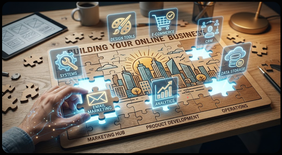 Digital icons of free tools for online business forming a jigsaw puzzle