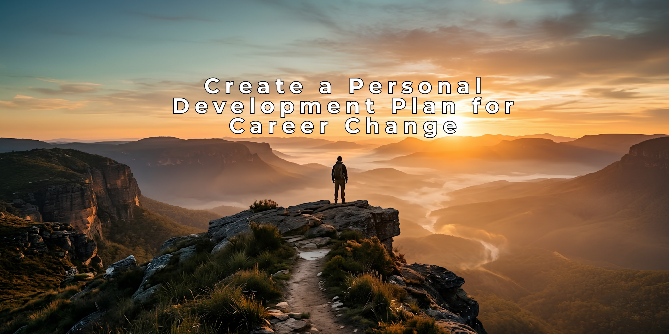 A lone figure stands at the edge of a clifftop at sunrise, looking out over an open valley — a personal development plan for career change bringing you to the edge, prepared to make the leap.